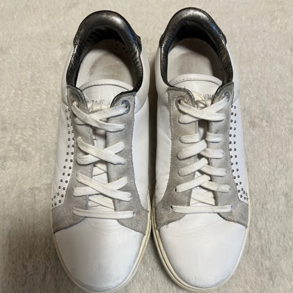 Zadig And Voltaire White&Metallic Gray Leather Sneakers Lace Up Studded Sz 8/39 - Image 4